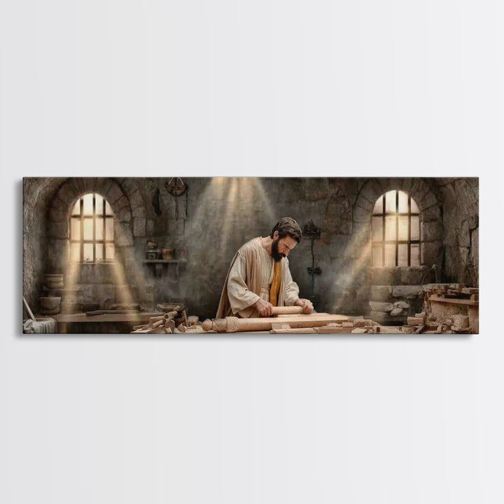 Carpenter Of Grace, Framed Canvas Print, Christian Art Canvas, Panoramic Painting, Christian Wall Art, Jesus Painting, Christian Christmas