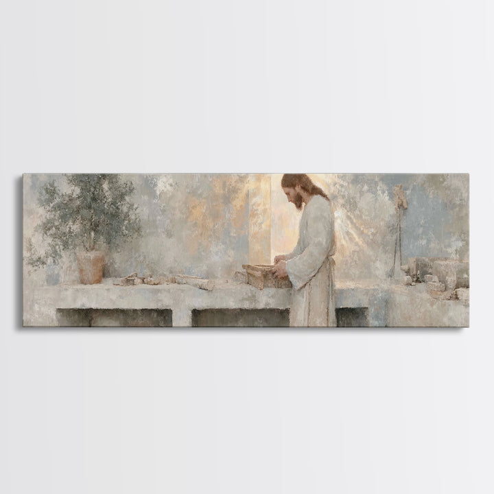 Light Of The Craftsman – Framed Canvas Print – Christian Art Canvas – Panoramic Art – Christian Wall Art – Jesus Painting – Christian Decor
