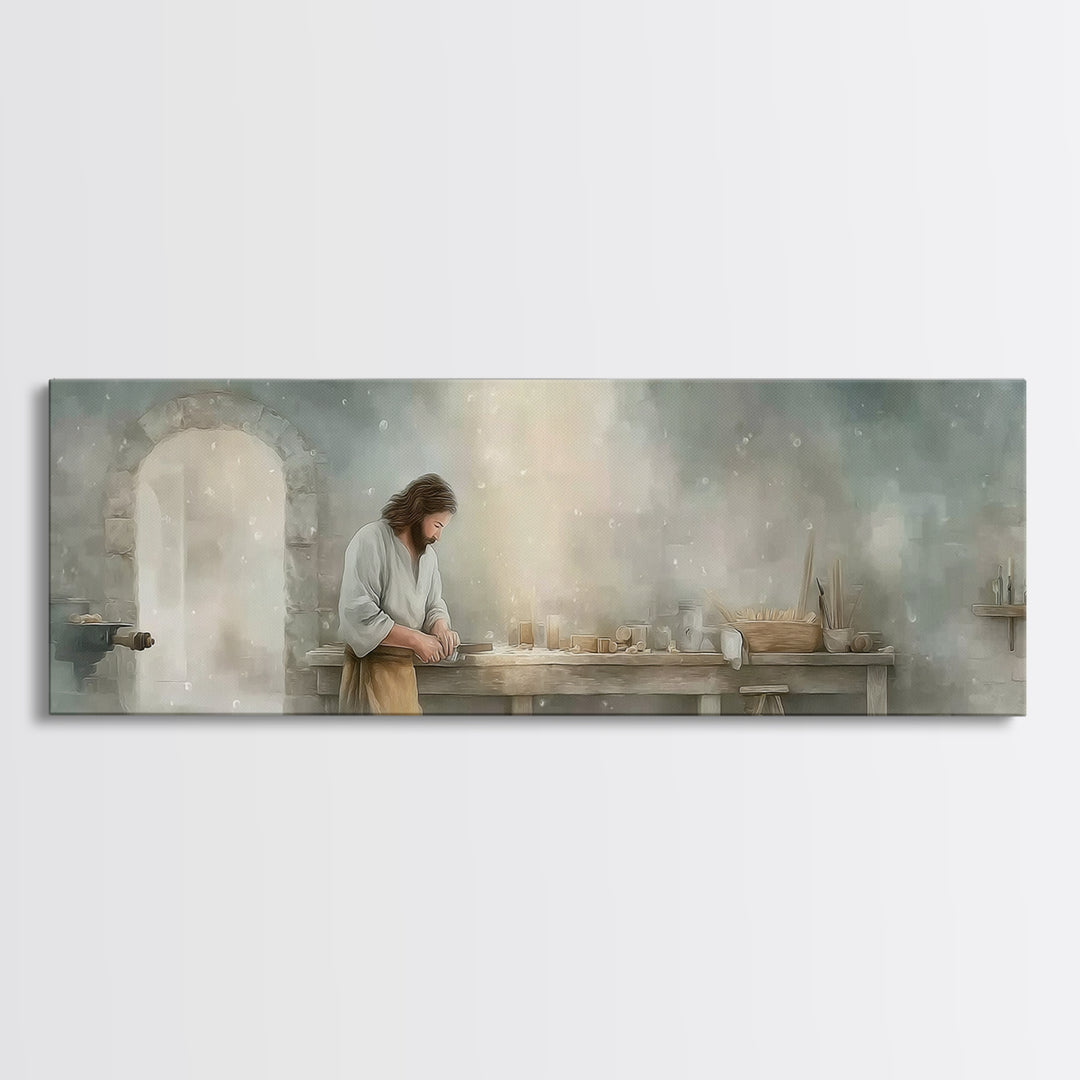 Holy Workbench Glow | Framed Canvas Print | Christian Wall Art | Panoramic Painting | Christian Art Canvas | Jesus Painting | Christian Art