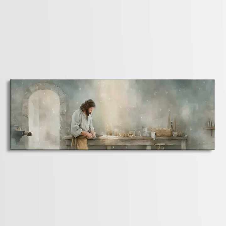 Holy Workbench Glow | Framed Canvas Print | Christian Wall Art | Panoramic Painting | Christian Art Canvas | Jesus Painting | Christian Art