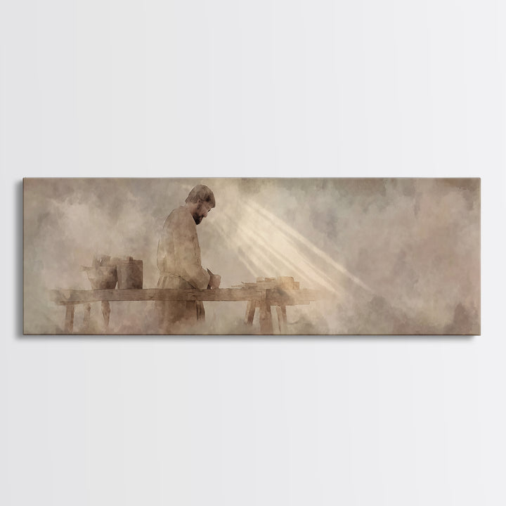 Radiant Carpenter Dawn, Framed Canvas Print, Christian Wall Art, Jesus Painting, Panoramic Wall Art, Christian Art Canvas, Christian Art