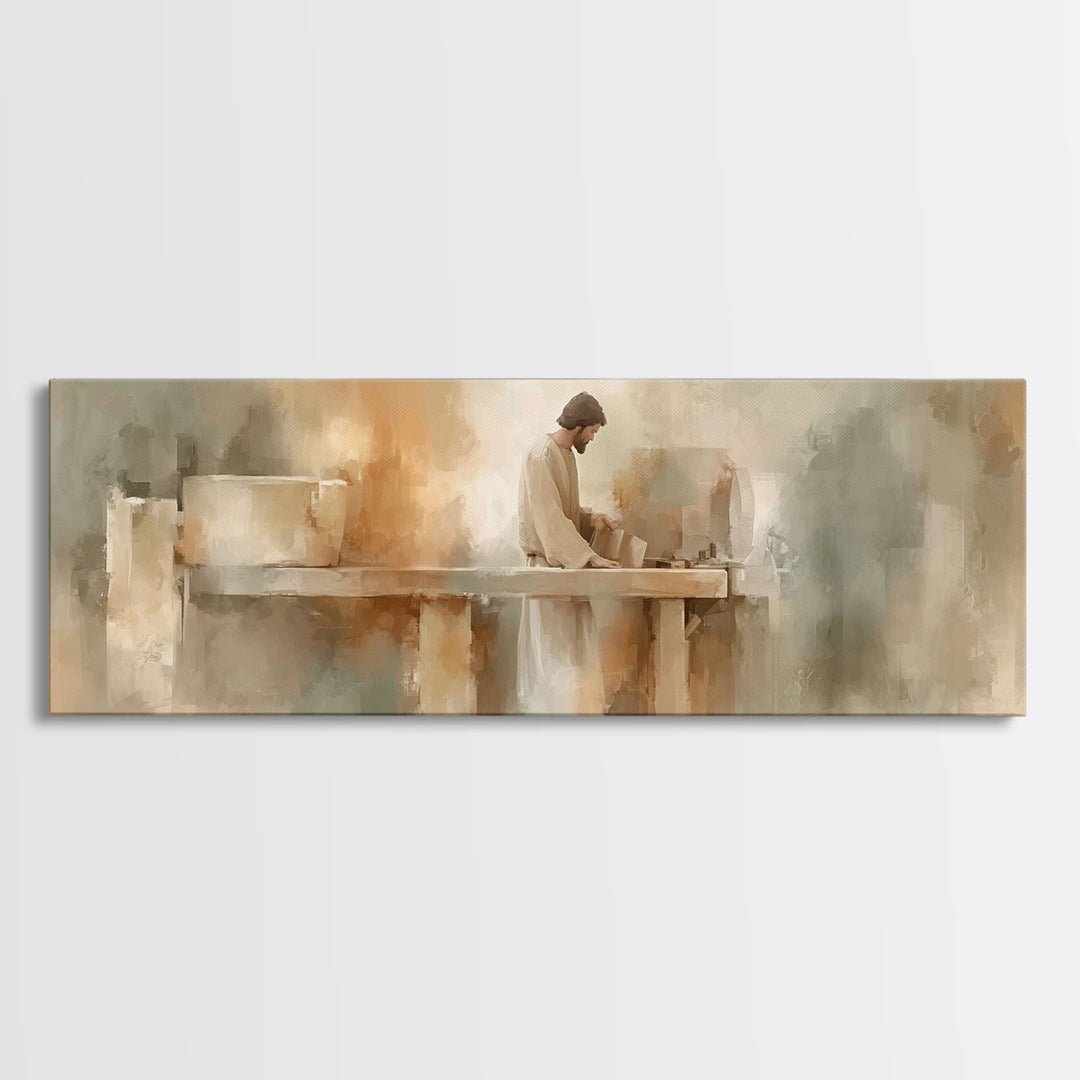 Heavenly Carpenter – Framed Canvas Print – Christian Wall Art – Christian Art Canvas – Jesus Painting – Panoramic Art – Christian Christmas