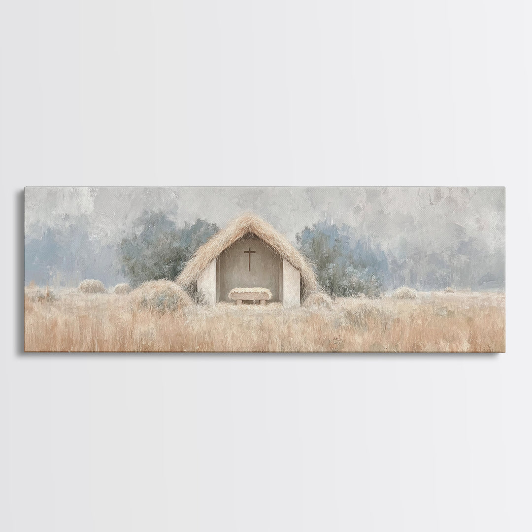 Fieldside Manger | Framed Canvas Print | Christian Wall Art | Christian Art Canvas | Panoramic Art | Christmas Art | Christian Christmas De