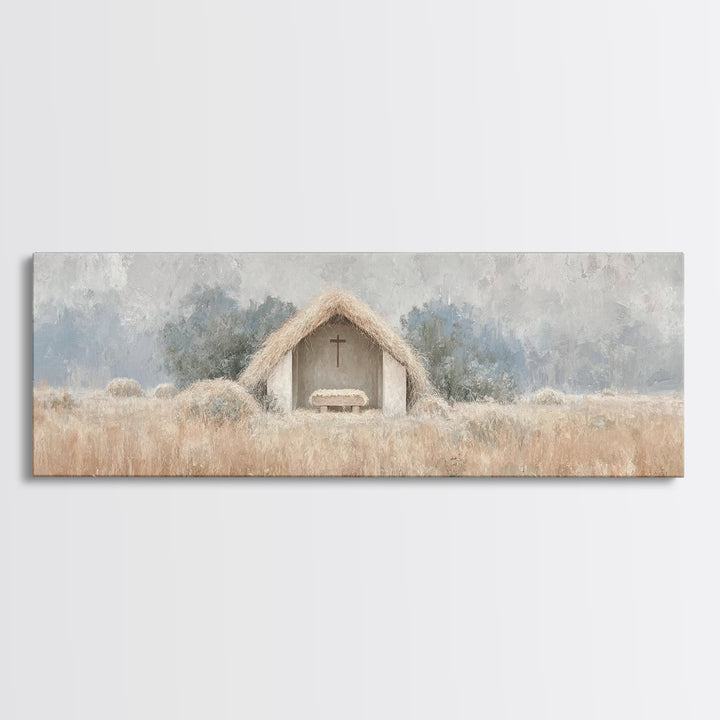 Fieldside Manger | Framed Canvas Print | Christian Wall Art | Christian Art Canvas | Panoramic Art | Christmas Art | Christian Christmas De