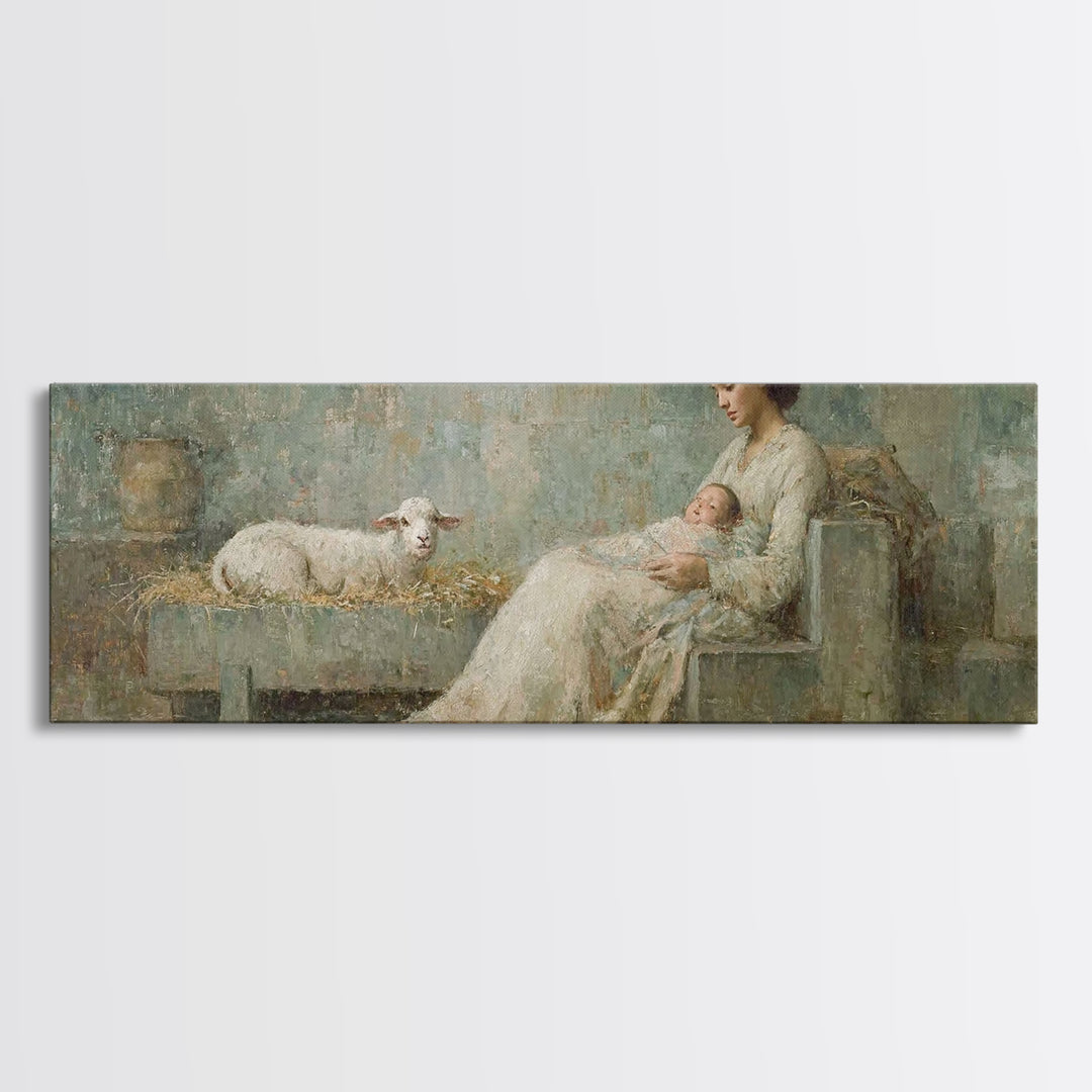 Mother And Lamb, Framed Canvas Print, Christian Art Canvas, Christian Wall Art, Panoramic Art, Jesus Painting, Christian Christmas Decor