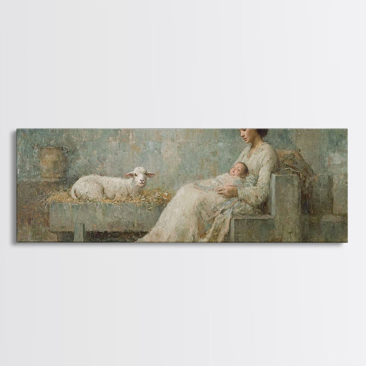 Mother And Lamb, Framed Canvas Print, Christian Art Canvas, Christian Wall Art, Panoramic Art, Jesus Painting, Christian Christmas Decor