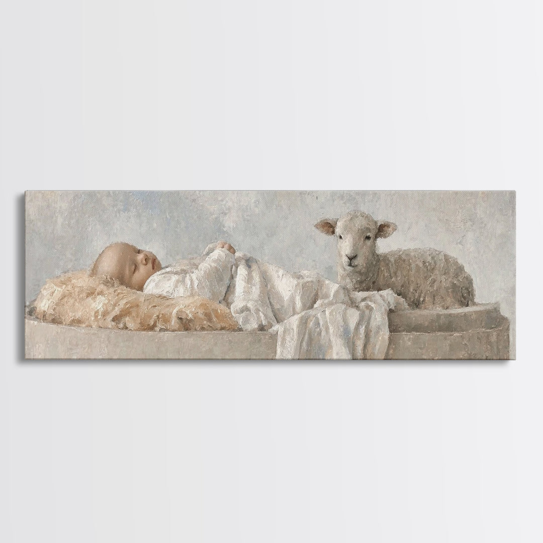 Holy Cradle Calm, Framed Canvas Print, Christian Wall Art, Christian Art Canvas, Christmas Art, Panoramic Painting, Jesus Christmas Art
