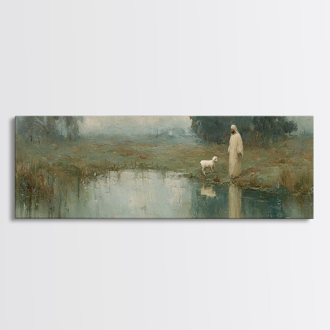 Still Waters Calling, Framed Canvas Print, Panoramic Wall Art, Christian Art Canvas, Christian Wall Art, Jesus Painting, Christian Decor