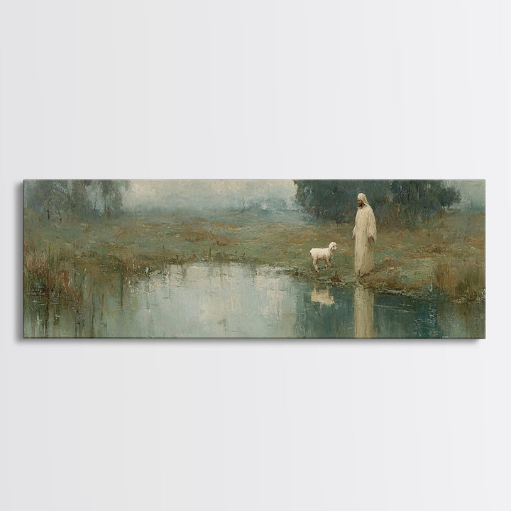 Still Waters Calling, Framed Canvas Print, Panoramic Wall Art, Christian Art Canvas, Christian Wall Art, Jesus Painting, Christian Decor