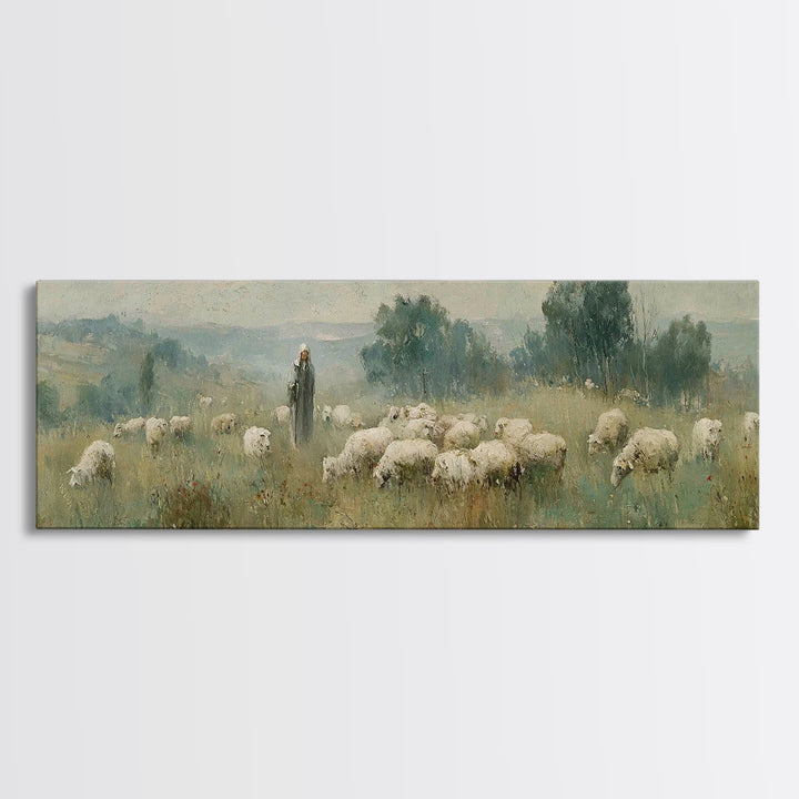 Pastoral Daybreak, Framed Canvas Print, Panoramic Art, Christian Wall Art, Christian Art Canvas, Christian Painting, Jesus Wall Art
