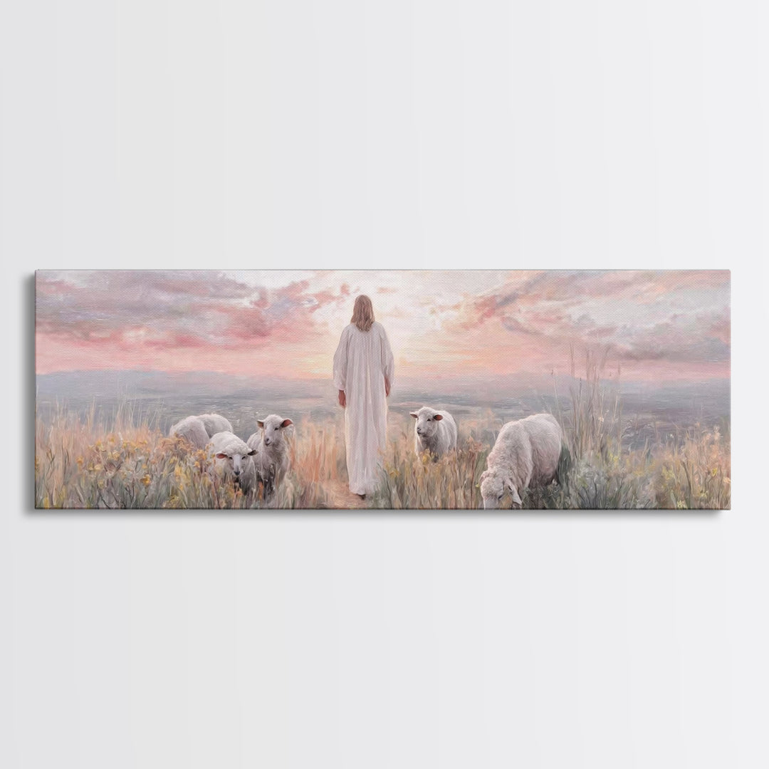 Dawn Among The Flock | Framed Canvas Print | Panoramic Wall Art | Christian Wall Art | Christian Art Canvas | Christian Painting | Jesus Ar
