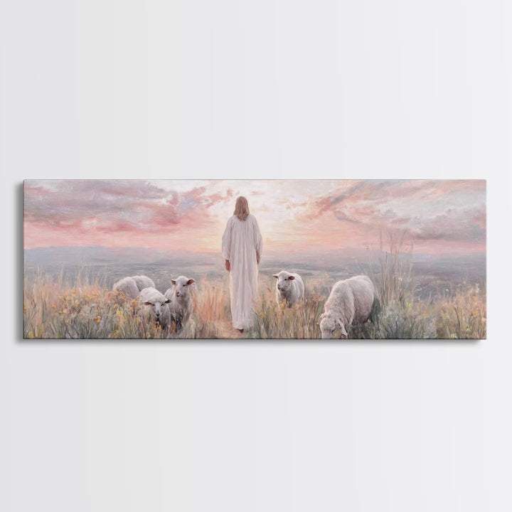 Dawn Among The Flock | Framed Canvas Print | Panoramic Wall Art | Christian Wall Art | Christian Art Canvas | Christian Painting | Jesus Ar