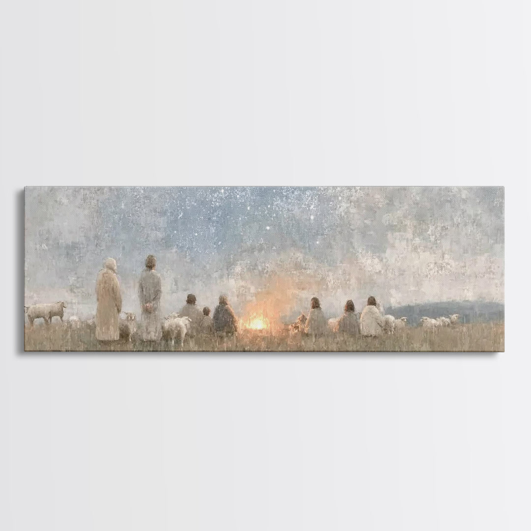 Quiet Field Gathering – Framed Canvas Print – Panoramic Painting – Christian Art – Vintage Christmas Art – Christian Wall Art – Subtle Chri