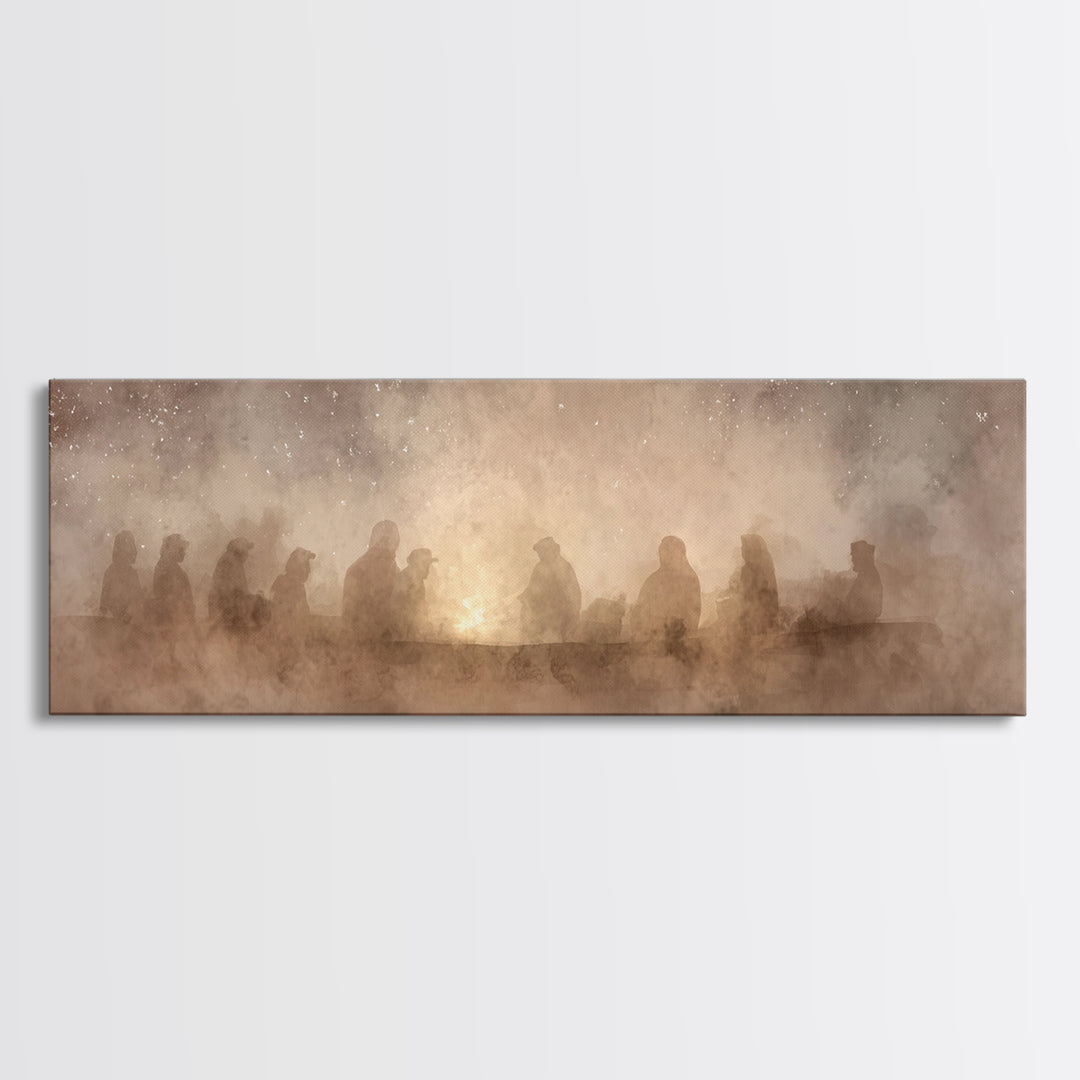 Fireside Reverence, Framed Canvas Print, Panoramic Wall Art, Christian Art Canvas, Moody Christmas Art, Christian Wall Art, Christian Decor