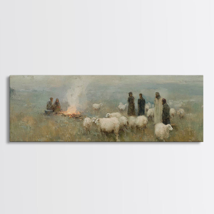 Pasture Night Watch – Framed Canvas Print – Panoramic Print – Christian Christmas Art – Christian Wall Art – Christmas Canvas Wall Art – Ch