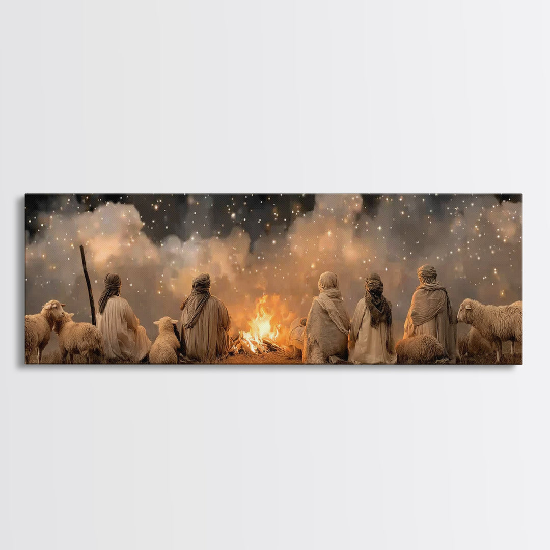 Emberlit Shepherds | Framed Canvas Print | Panoramic Art | Christian Christmas Art | Christian Wall Art | Christmas Art Work | Framed Chris