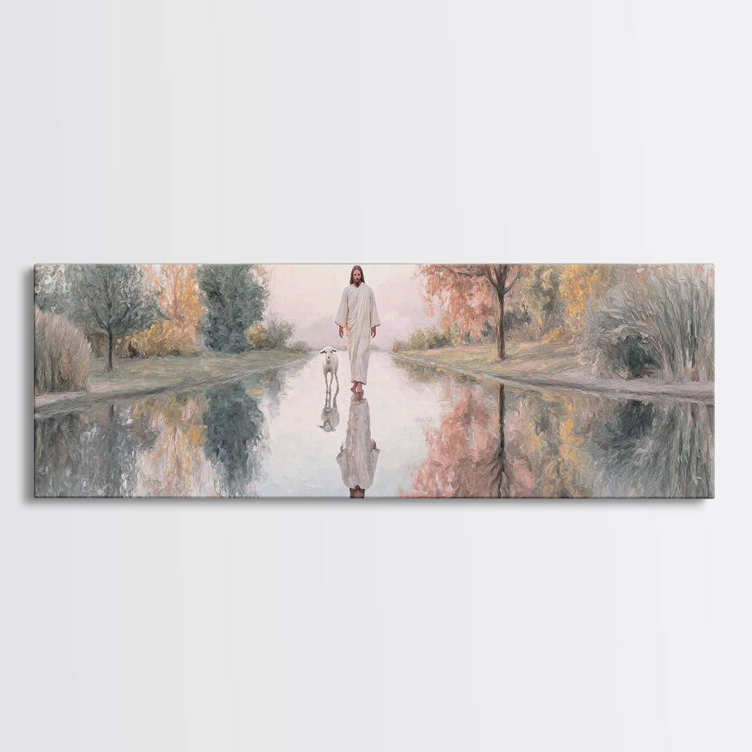 Path Of Still Waters – Framed Canvas Print – Christian Art Canvas – Jesus Painting – Christian Wall Art – Panoramic Art – Christian Decor