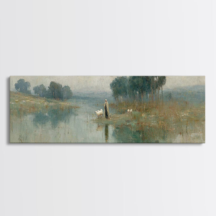 Quiet Shepherd Walk, Framed Canvas Print, Christian Wall Art, Christian Art Canvas, Jesus Painting, Panoramic Painting, Christian Christmas