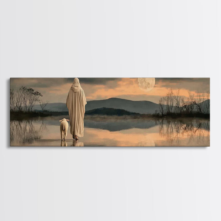 Moonlit Shepherd Path – Framed Canvas Print – Jesus Painting – Christian Wall Art – Christian Art Canvas – Panoramic Print – Christian Chri