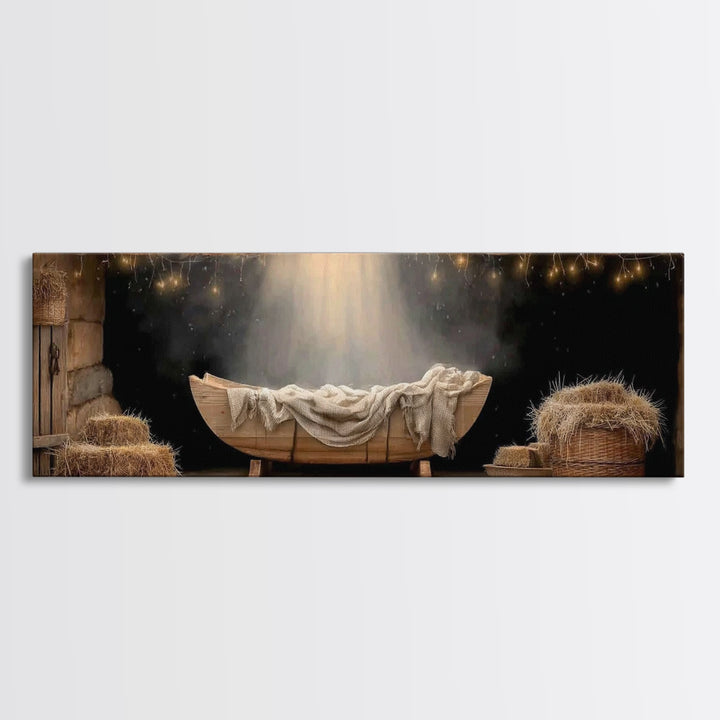 Holy Night Cradle – Framed Canvas Print – Panoramic Painting – Christian Christmas Art – Christian Art Canvas – Christmas Wall Art – Christ