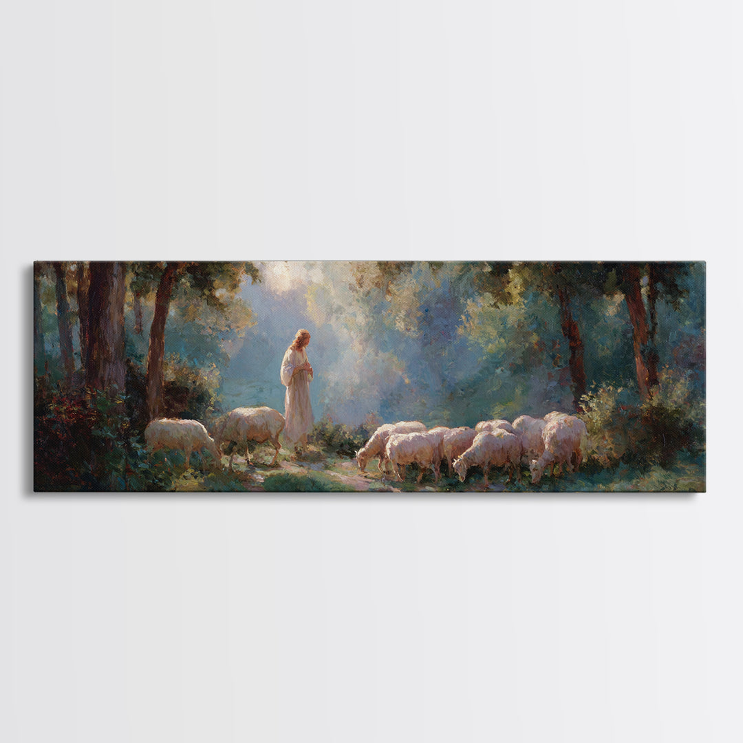 Shepherd’s Peace – Framed Canvas Print – Panoramic Painting – Christian Wall Art – Jesus Painting – Christian Art Canvas – Christian Gift I