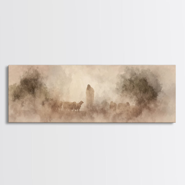 Quiet Pasture Grace | Framed Canvas Print | Panoramic Art | Christian Art | Jesus Art Print | Christian Wall Art | Christian Decor For Home