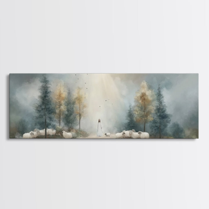 Light Of The Shepherd, Framed Canvas Print, Panoramic Wall Art, Christian Art Canvas, Jesus Painting, Christian Christmas Art, Christian Ar