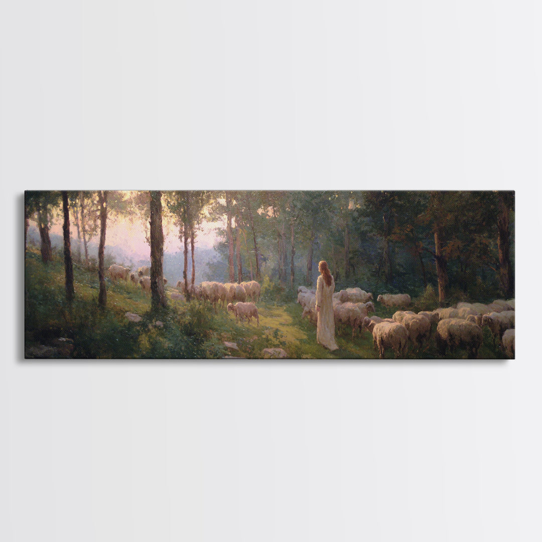 Light Of The Meadow, Framed Canvas Print, Christian Wall Art, Christian Art Canvas, Jesus Painting, Panoramic Painting, Christian Decor