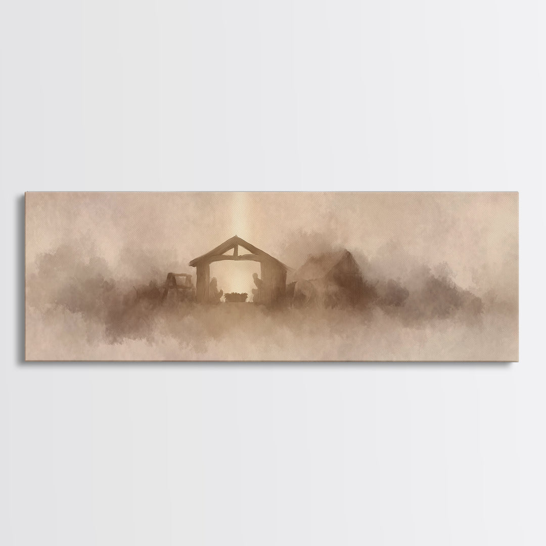 Holy Stable Glow, Framed Canvas Print, Panoramic Wall Art, Christian Art Canvas, Christmas Art, Christian Wall Art, Christian Christmas