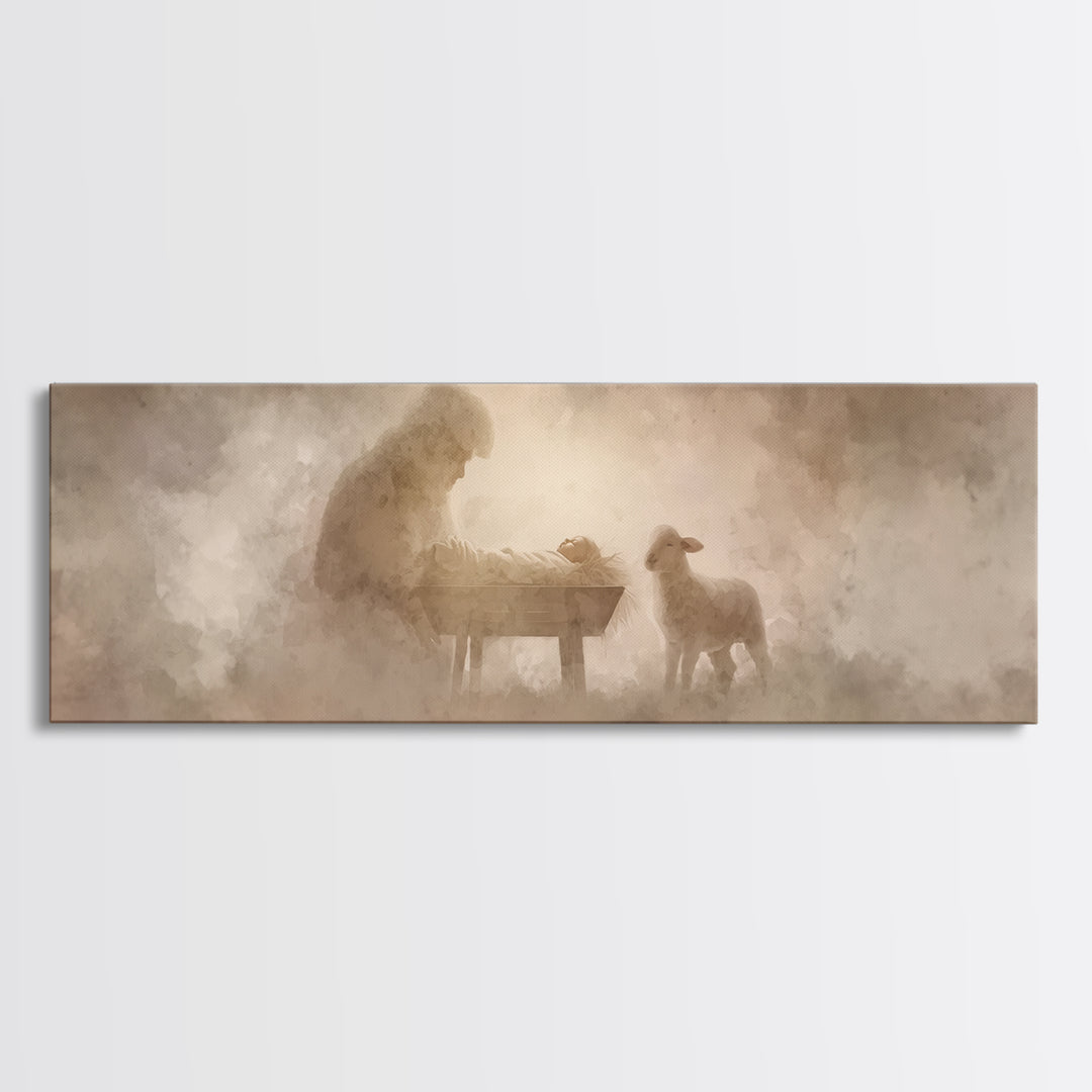 Tender Lamb Joy – Framed Canvas Print – Panoramic Print – Christian Art Canvas – Christian Wall Art – Christmas Art – Christian Christmas A