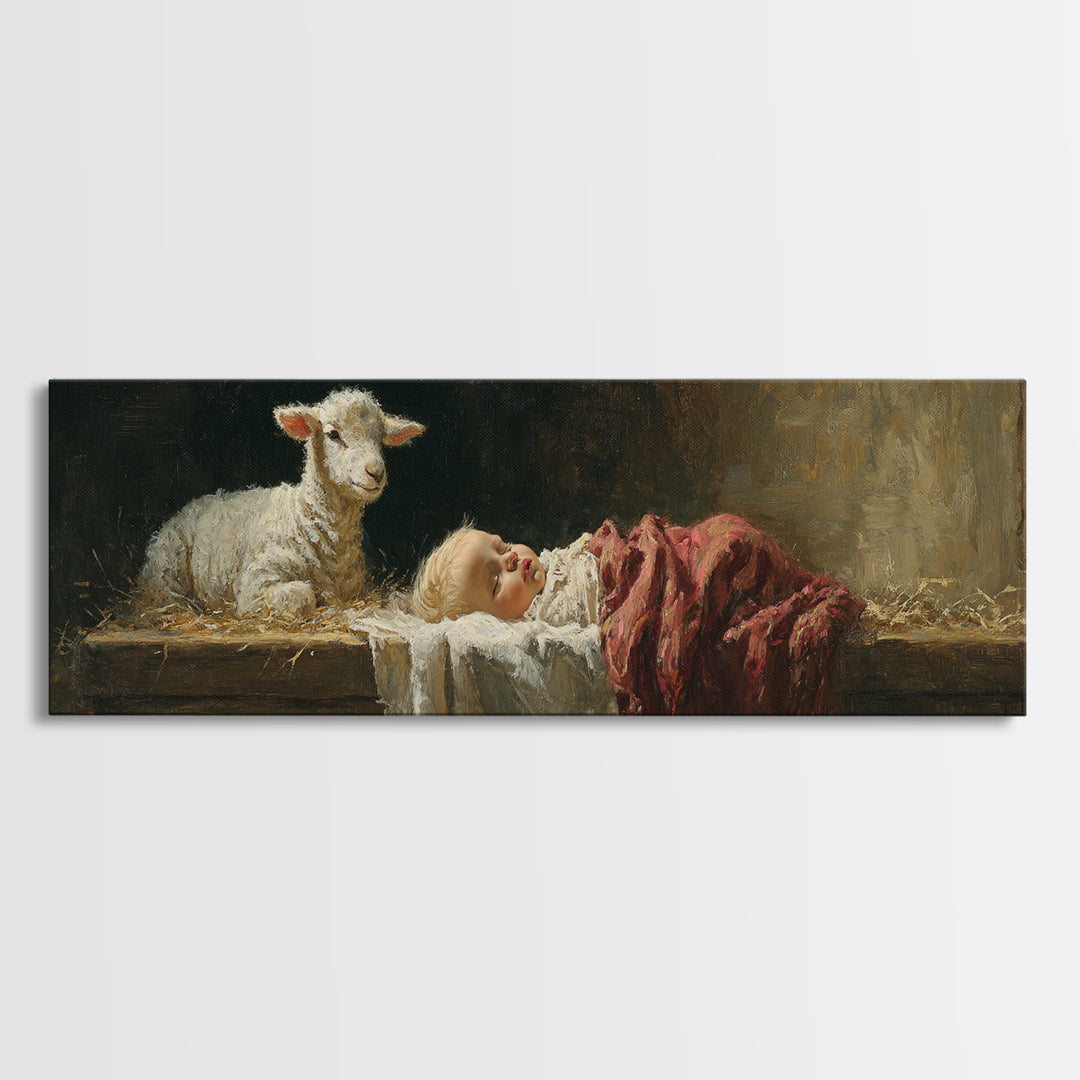 Holy Manger Light – Framed Canvas Print – Christian Wall Art – Jesus Painting – Panoramic Art – Christian Christmas Art