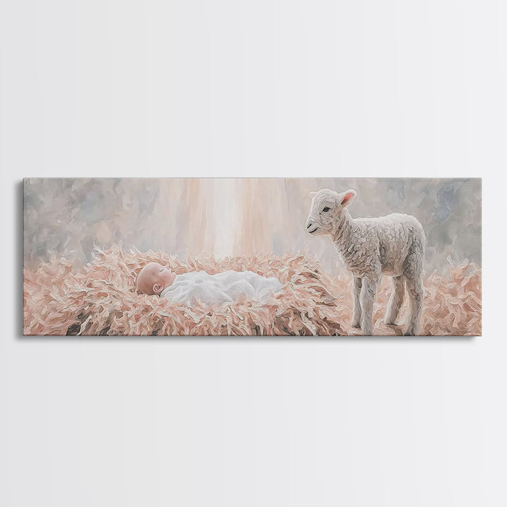 Gentle Nativity Peace, Framed Canvas Print, Christian Christmas Art, Panoramic Wall Art, Christian Wall Art, Jesus Painting