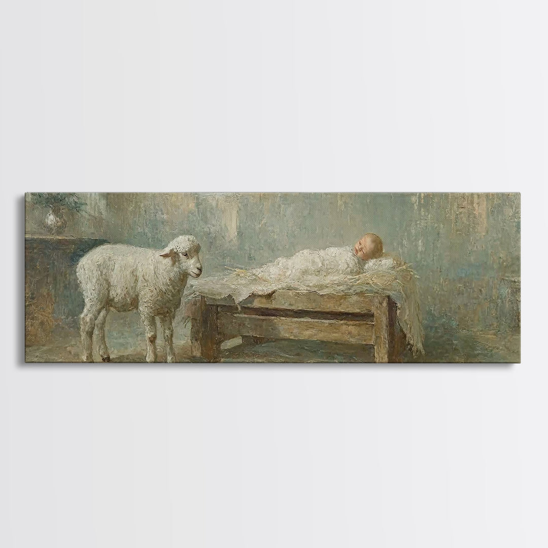 Lamb Of Promise, Framed Canvas Print, Christmas Wall Art, Panoramic Art, Christian Art Canvas, Christian Christmas Art