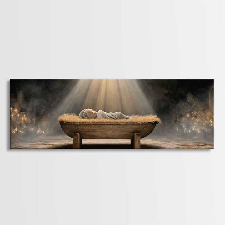 Holy Nativity Light, Framed Canvas Print, Panoramic Painting, Christmas Art, Christian Christmas Art, Jesus Christmas Art, Framed Christmas