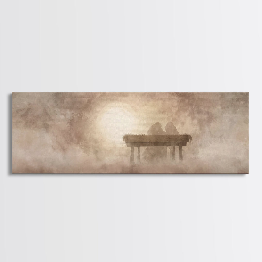 Manger In The Mist | Framed Canvas Print | Panoramic Wall Art | Christian Christmas Art | Christmas Canvas Wall Art | Christian Art Canvas