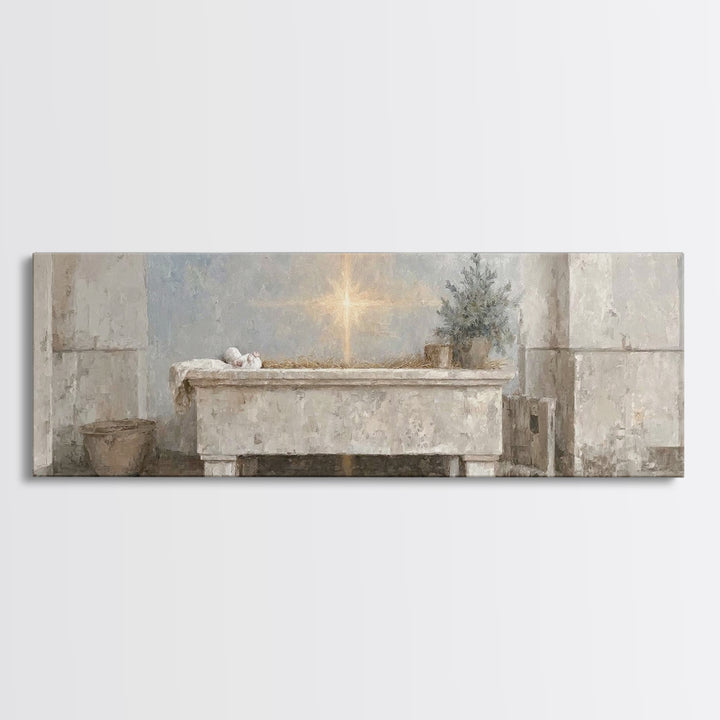 Guiding Manger Light – Framed Canvas Print – Christian Wall Art – Christmas Art – Christian Art Canvas – Panoramic Art – Jesus Painting – C