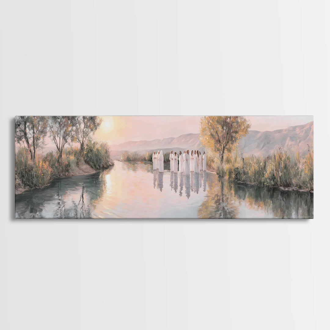River Dawn Communion, Framed Canvas Print, Christian Wall Art, Christian Art Canvas, Jesus Painting, Panoramic Art