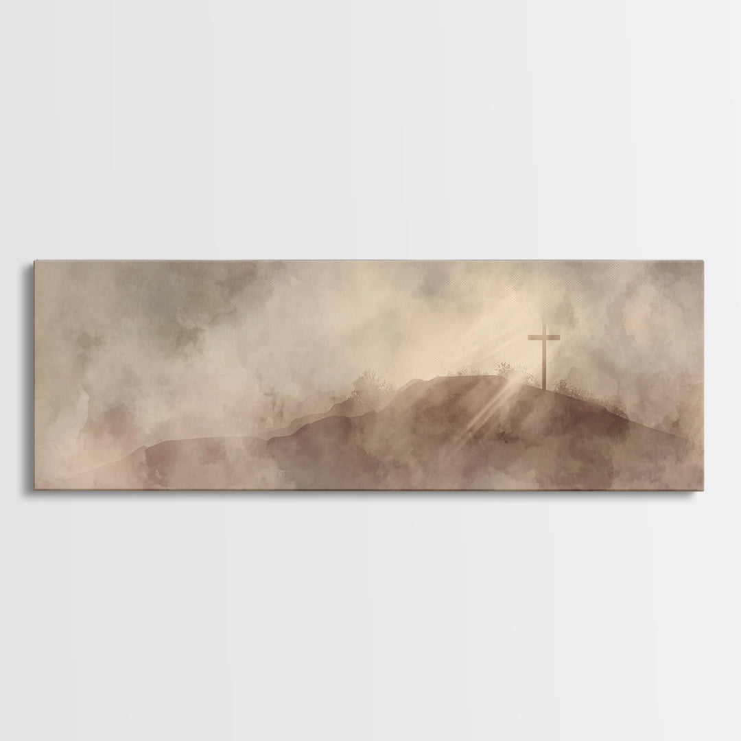 Hilltop Cross Light – Framed Canvas Print – Christian Wall Art – Christian Art Canvas – Panoramic Wall Art – Christian Decor