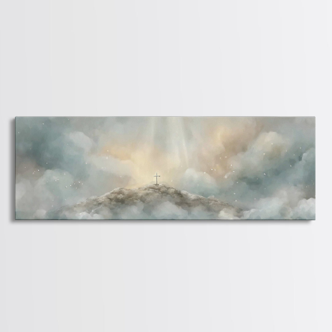 Heavenly Summit Glow | Framed Canvas Print | Christian Wall Art | Christian Art Canvas | Panoramic Painting | Christian Gift Ideas