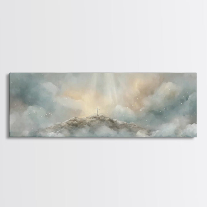 Heavenly Summit Glow | Framed Canvas Print | Christian Wall Art | Christian Art Canvas | Panoramic Painting | Christian Gift Ideas