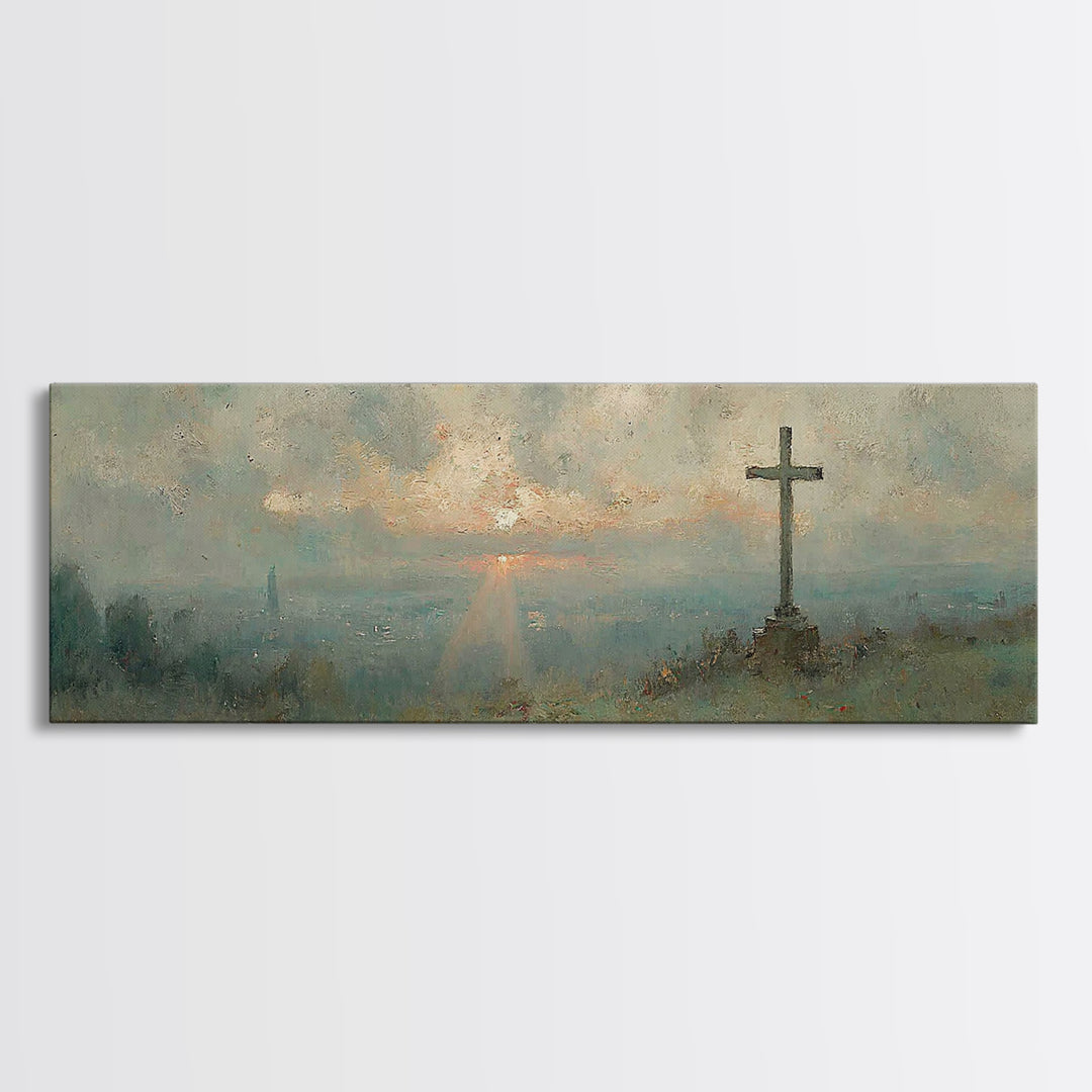 Sunset Cross Vista, Framed Canvas Print, Christian Wall Art, Christian Art Canvas, Panoramic Frame, Christian Decor