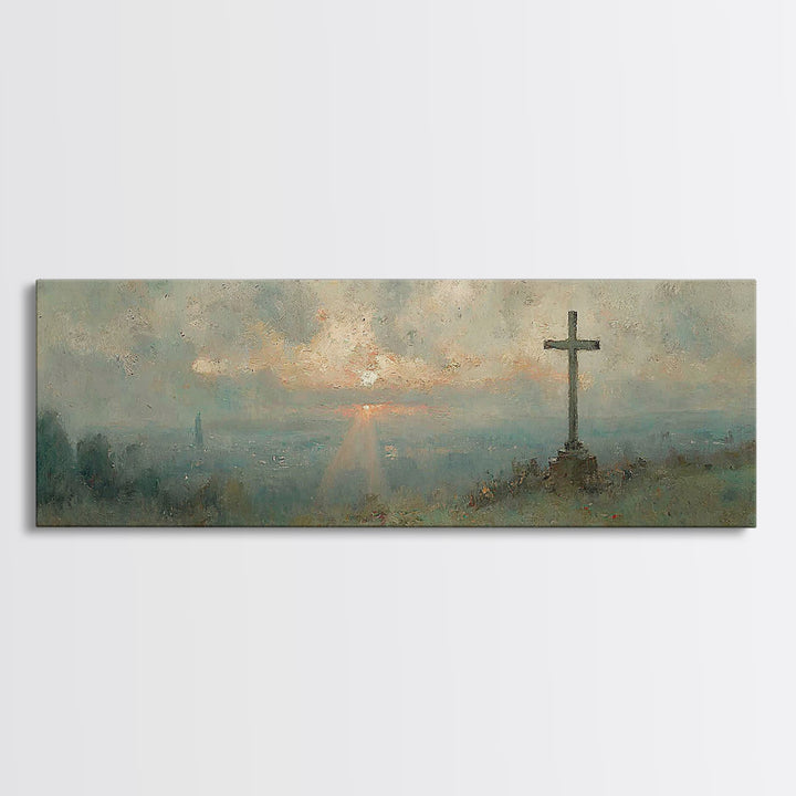 Sunset Cross Vista, Framed Canvas Print, Christian Wall Art, Christian Art Canvas, Panoramic Frame, Christian Decor