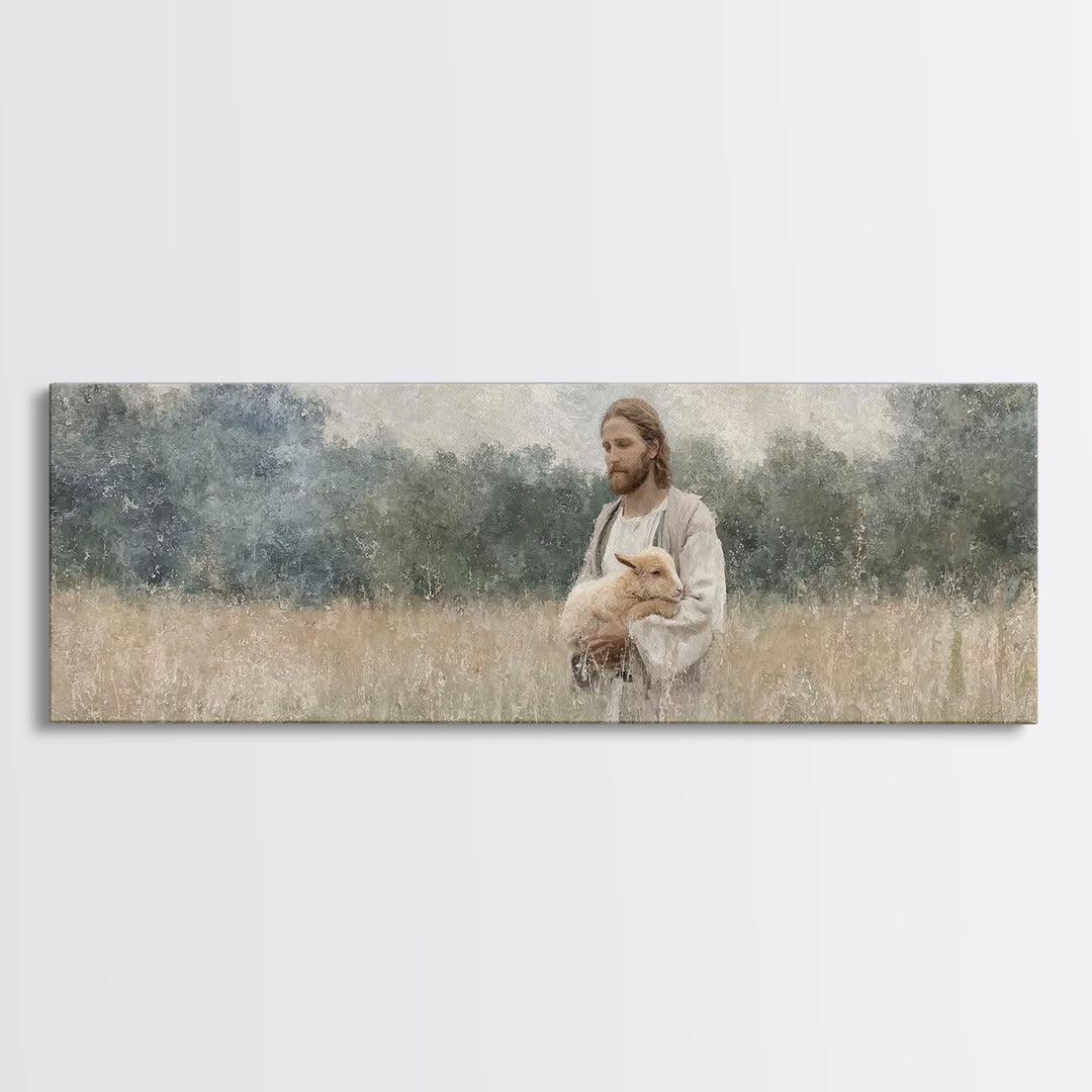 Gentle Shepherd Field, Framed Canvas Print, Christian Wall Art, Christian Art Canvas, Panoramic Art, Christian Decor
