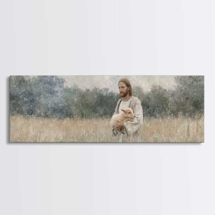 Gentle Shepherd Field, Framed Canvas Print, Christian Wall Art, Christian Art Canvas, Panoramic Art, Christian Decor
