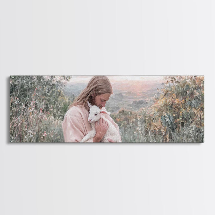 Gentle Pasture Peace, Framed Canvas Print, Christian Christmas Art, Christian Art Canvas, Jesus Painting, Panoramic Wall Art, Christian Dec