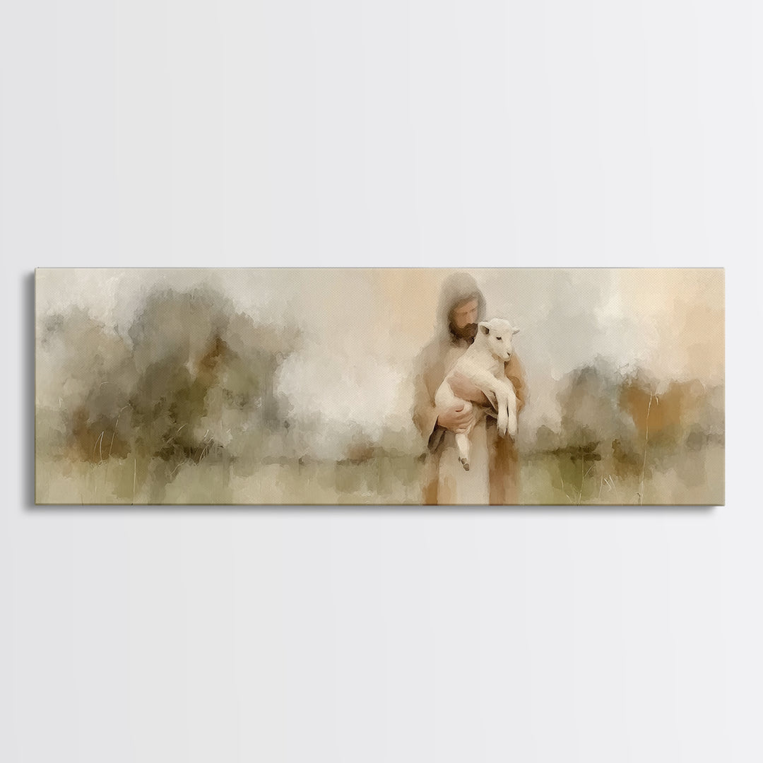 Warm Meadow Mercy | Framed Canvas Print | Christian Wall Art | Jesus Painting | Christian Art Canvas | Panoramic Painting | Christmas Art