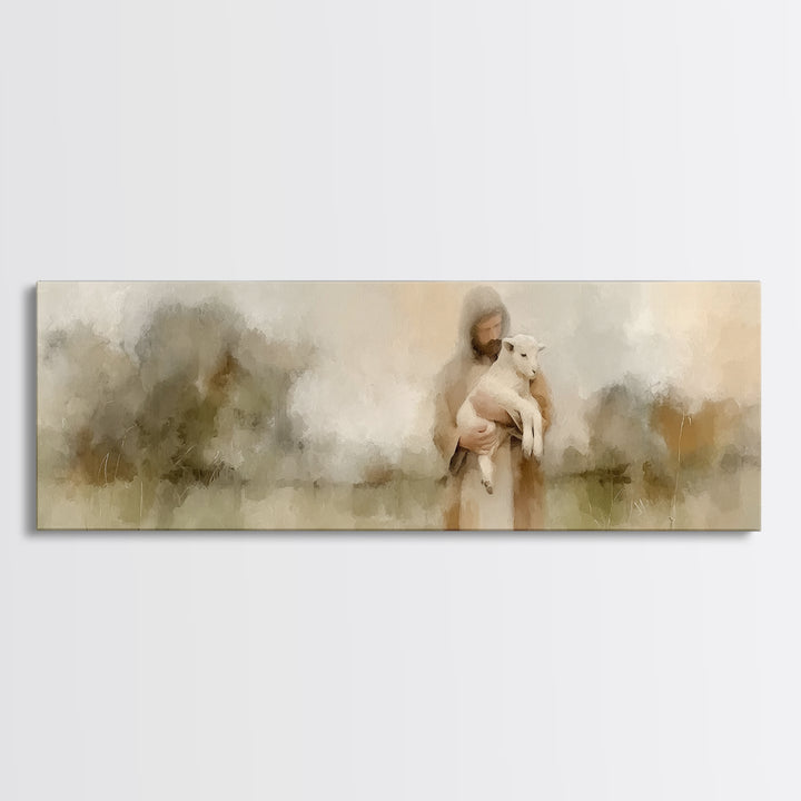 Warm Meadow Mercy | Framed Canvas Print | Christian Wall Art | Jesus Painting | Christian Art Canvas | Panoramic Painting | Christmas Art