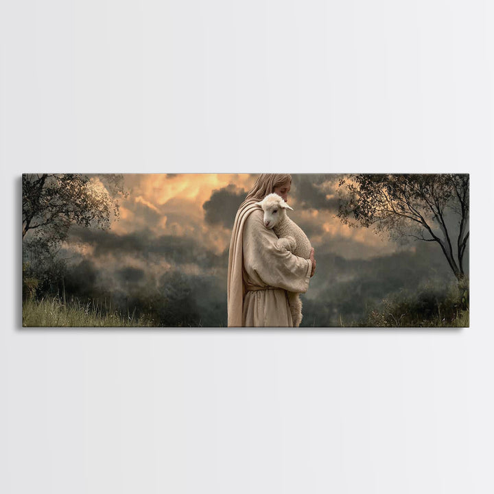 Sacred Dawn Light, Framed Canvas Print, Christian Art Canvas, Christian Christmas Art, Panoramic Wall Art, Jesus Painting, Christian Decor