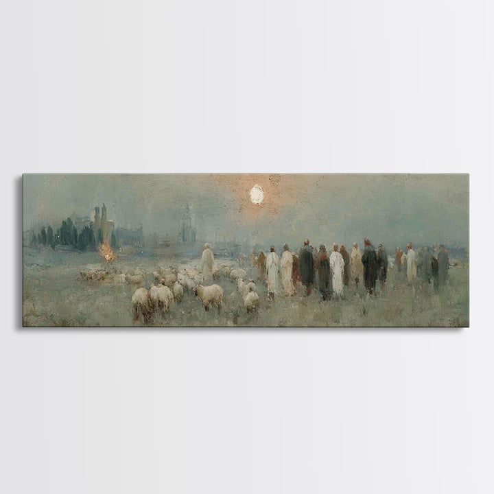Shepherds In Stillness – Framed Canvas Print – Christian Art Canvas – Panoramic Frame – Christian Christmas Art – Jesus Painting – Christia