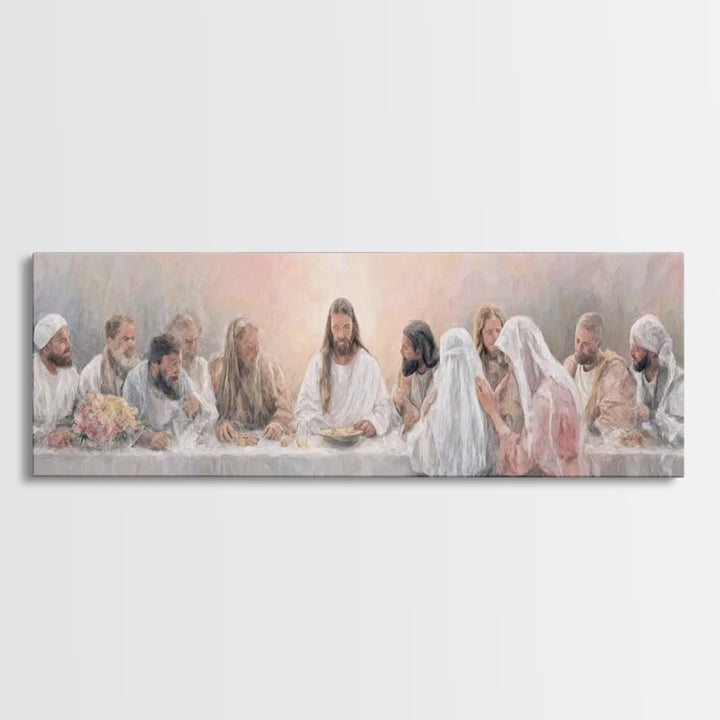 Sacred Supper Light – Framed Canvas Print – Christian Wall Art – Jesus Painting – Panoramic Art – Christian Art Canvas